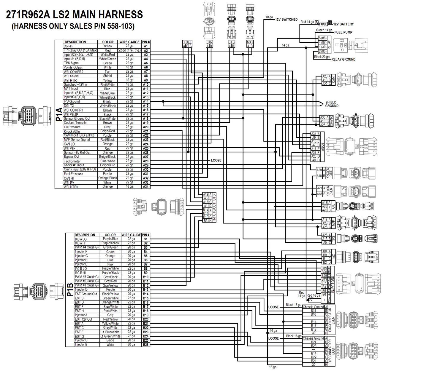 GM LS2/3/7 (58x crank sensor) with USCAR (EV6 Style) connectors on injector harness, Includes Bosch Oxygen Sensor