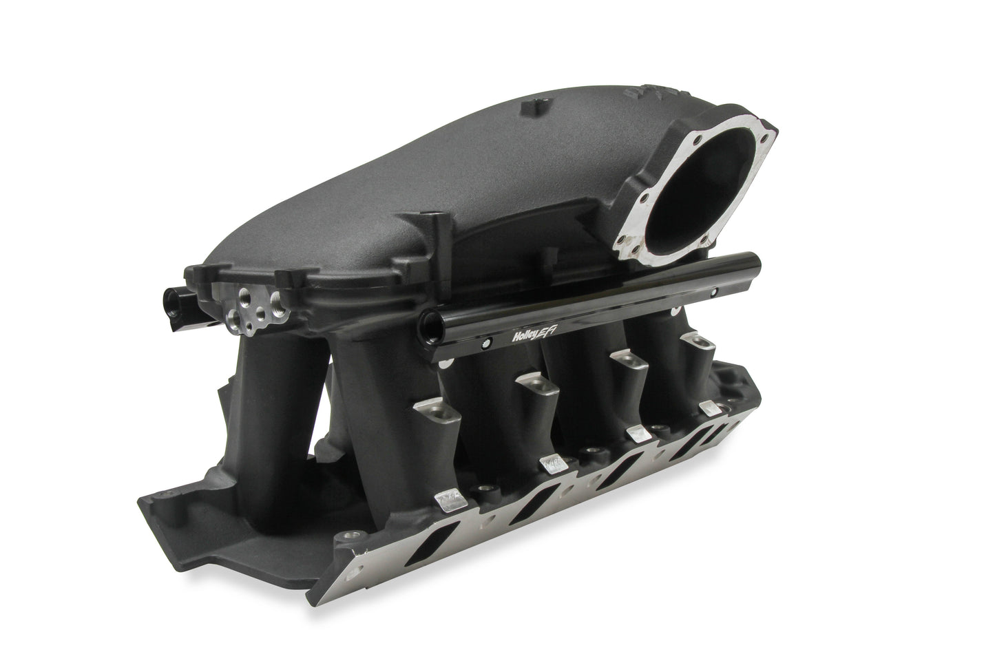 8.2" SBF Ford Hi-Ram Intake Manifold with 105mm 1986-95 Ford 5.0 Throttle Body Flange Side Mount Top. Black