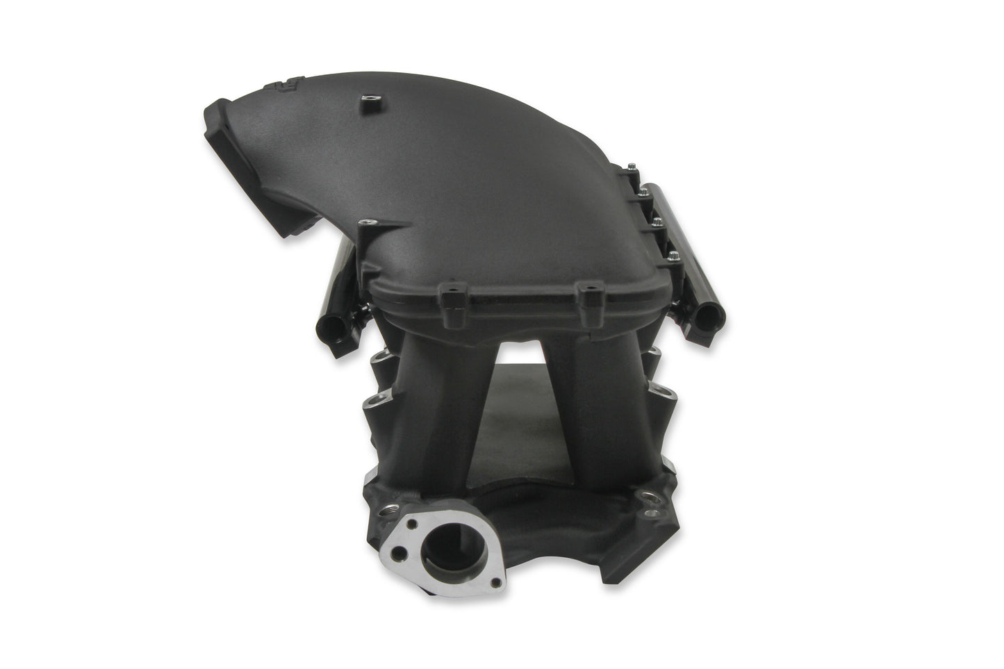 8.2" SBF Ford Hi-Ram Intake Manifold with 105mm 1986-95 Ford 5.0 Throttle Body Flange Side Mount Top. Black