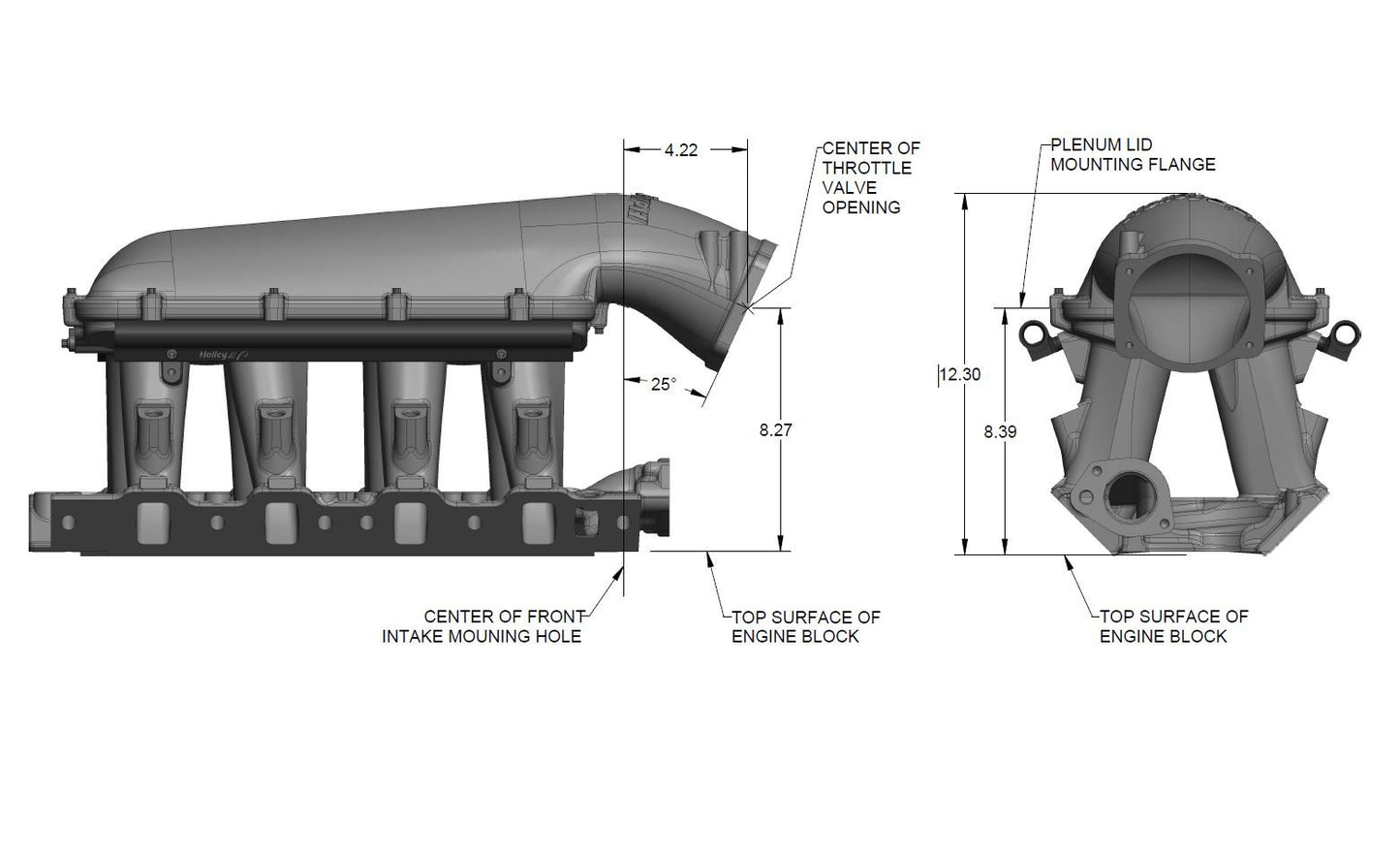 8.2" SBF Ford Hi-Ram Intake Manifold with 95mm LS Throttle Body Flange Top. Black Finish