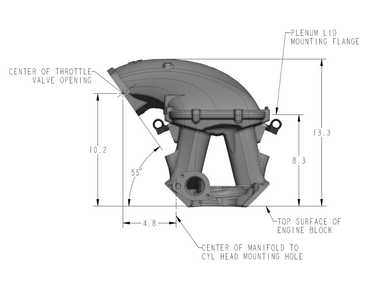 8.2" SBF Ford Hi-Ram Intake Manifold with 105mm 1986-95 Ford 5.0 Throttle Body Flange Side Mount Top. Black