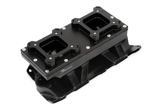 Fabricated Intake Manifold SBC Single Plane Carbureted (2 x 4150 style flange changeable plate) Black with Sniper logo