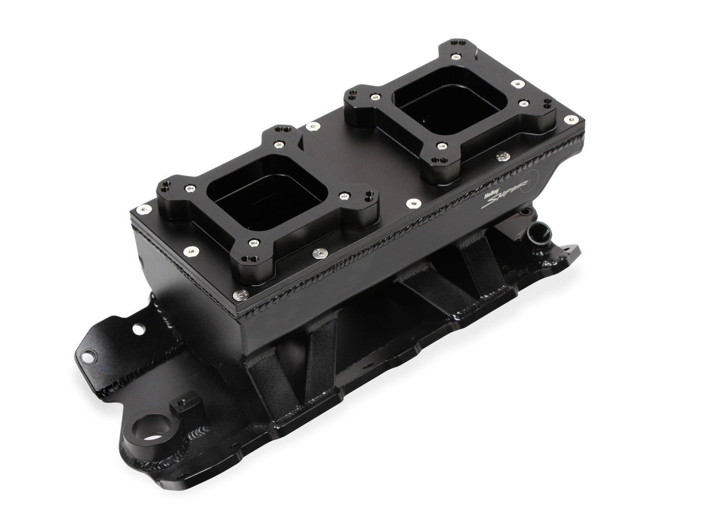 Fabricated Intake Manifold SBC Single Plane Carbureted (2 x 4150 style flange changeable plate) Black with Sniper logo