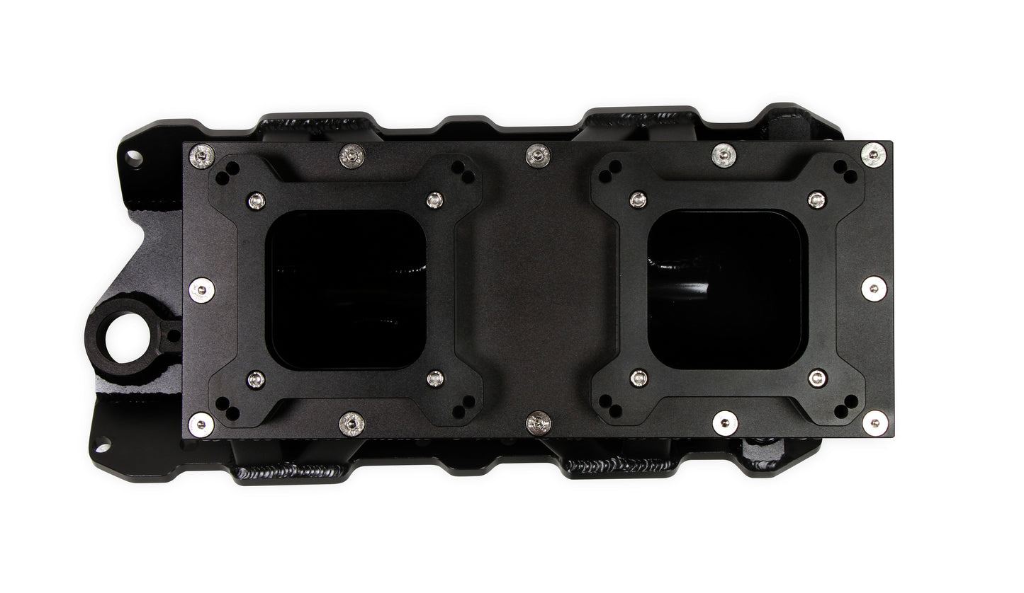 Fabricated Intake Manifold SBC Single Plane Carbureted (2 x 4150 style flange changeable plate) Black with Sniper logo