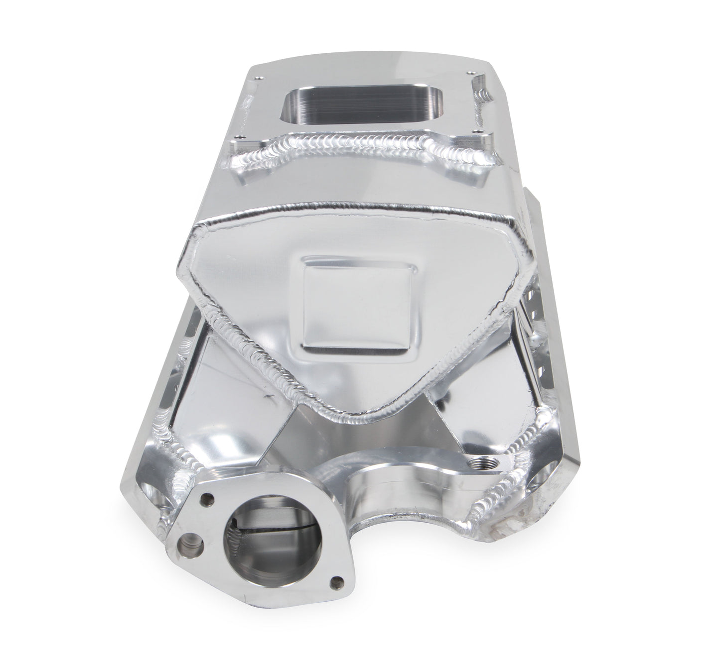 Sheet Metal Fabricated Intake Manifold 289-302 Small Block Ford Single Plane Carbureted Silver with Sniper logo.