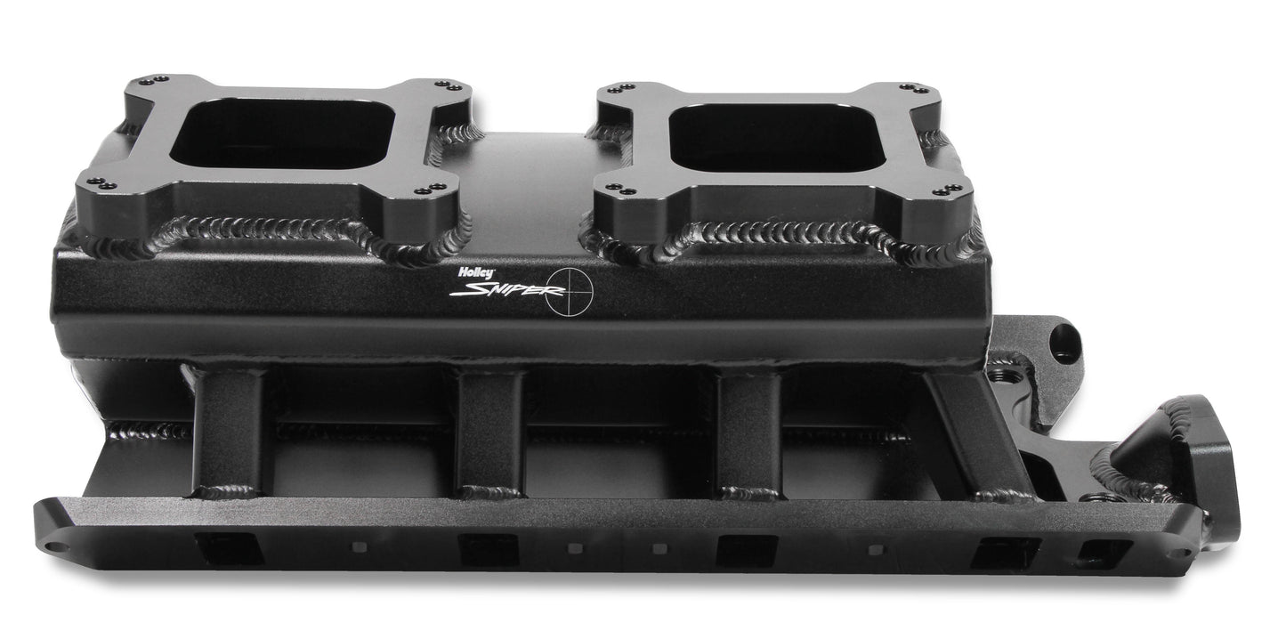 Sheet Metal Fabricated Intake Manifold 289-302 Small Block Ford Dual Quad Single Plane Carbureted Black with Sniper logo