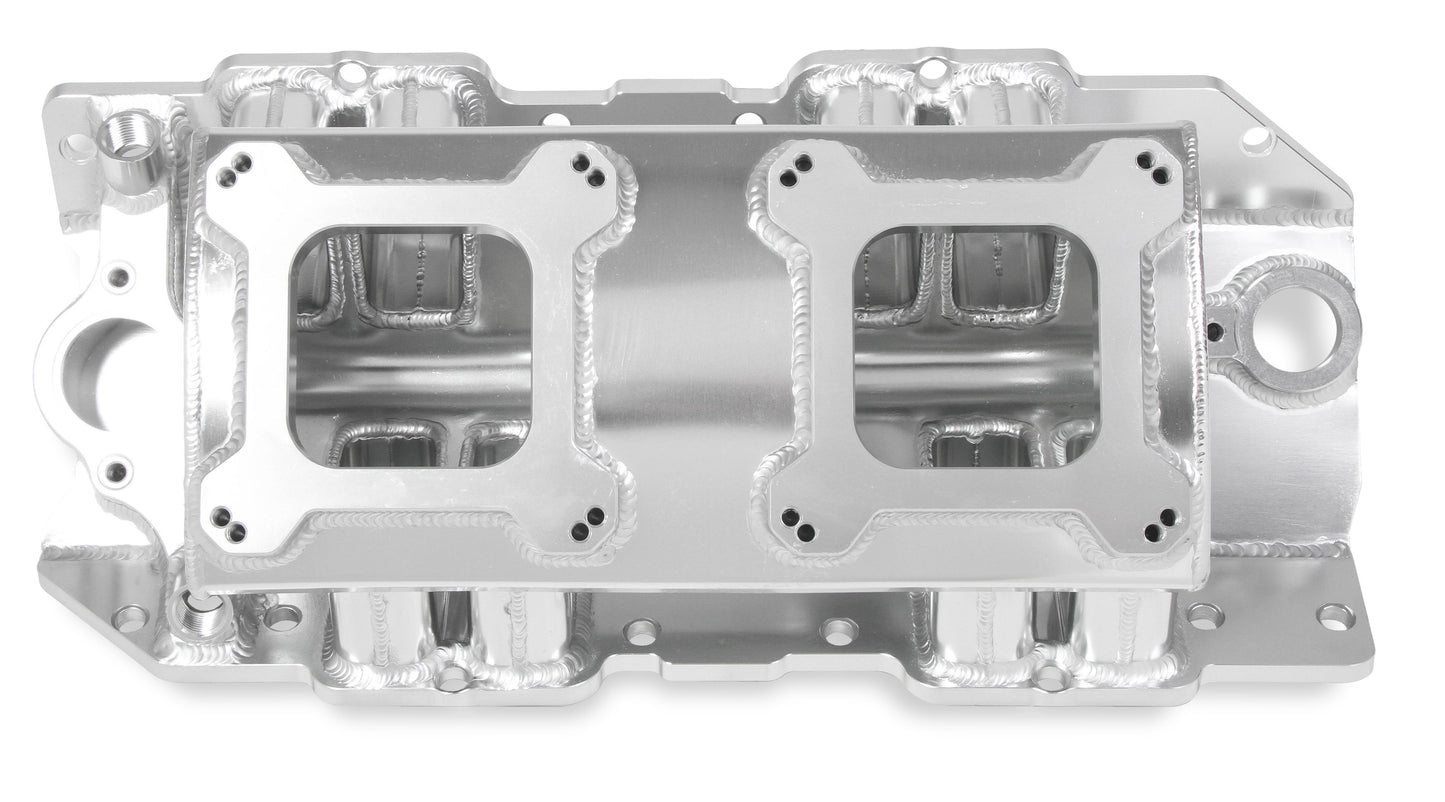 Fabricated Intake Manifold BBC Single Plane 2 x 4150 Silver with Sniper Logo