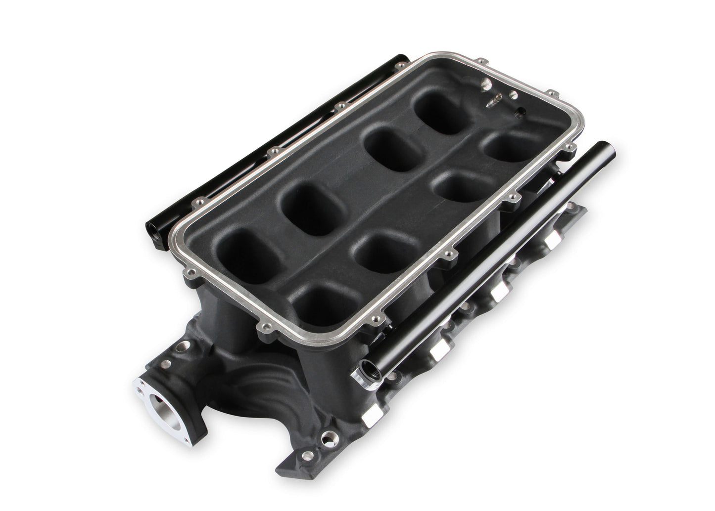 8.2" SBF Ford Hi-Ram Intake Manifold with 105mm 1986-95 Ford 5.0 Throttle Body Flange Side Mount Top. Black