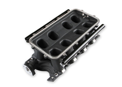 8.2" SBF Ford Hi-Ram Intake Manifold with 95mm 1986-95 Ford 5.0 Throttle Body Flange Side Mount Top. Black