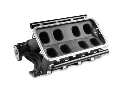 8.2" SBF Ford Hi-Ram Intake Manifold with 95mm 1986-95 Ford 5.0 Throttle Body Flange Side Mount Top. Black